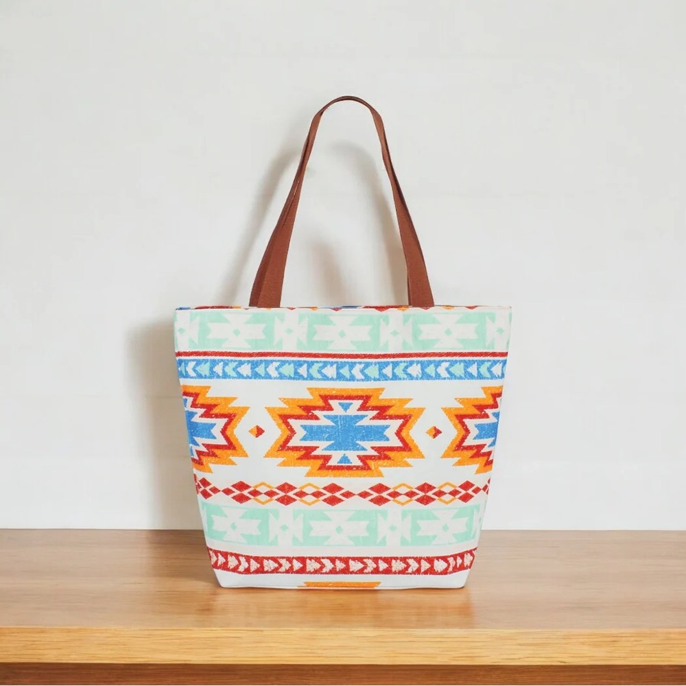 Aztec Patterned Tote Bag with Brown Handles
